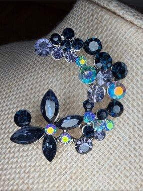 Sparkling Black and Aurora Crystal Floral Brooch